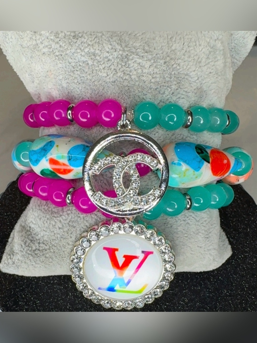 Multicolor Pink & Teal Glass Beaded Charm Bracelet Set